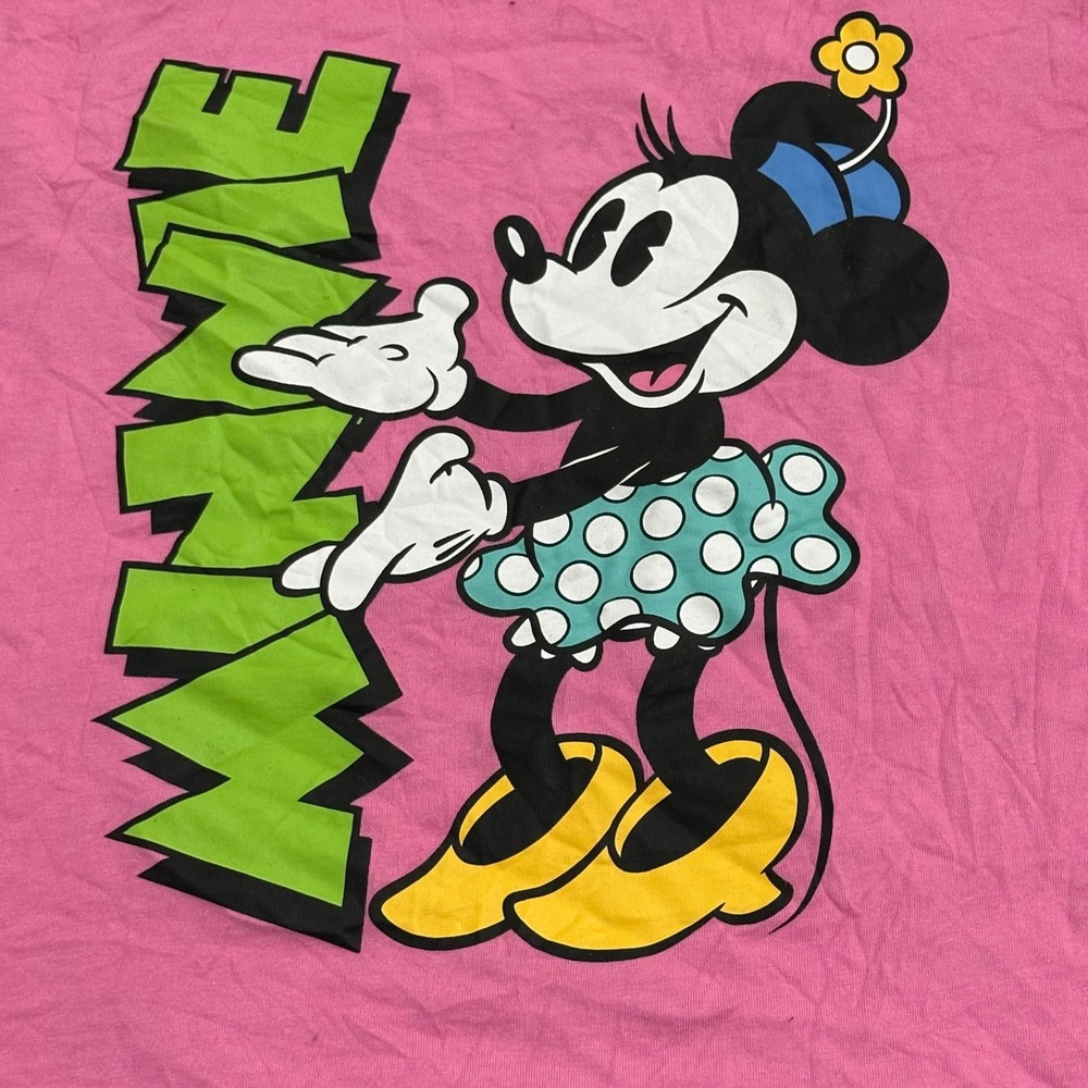 Disney T-Shirt Womens Size L Pink Minnie Mouse Cropped Short Sleeve Graphic Tee